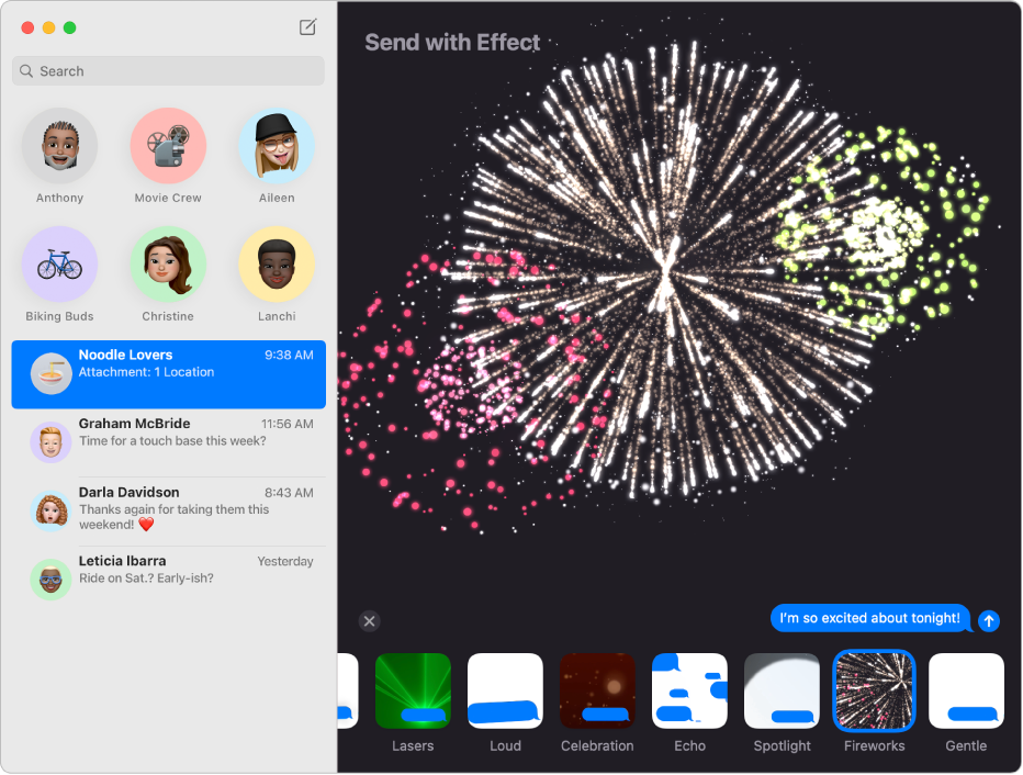 A janela do app Mensagens com várias conversas em uma lista na barra lateral à esquerda e um efeito de mensagem (fogos de artifício) aparecendo na conversa à direita.
