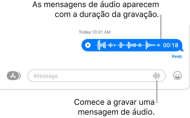Uma conversa do app Mensagens, mostrando o botão Gravar Áudio ao lado do campo de texto na parte inferior da janela. Uma mensagem de áudio aparece com a duração da sua gravação na conversa.