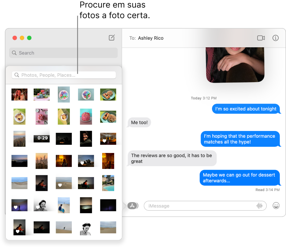 A janela do app Mensagens com várias conversas numa lista na barra lateral à esquerda, o campo de busca para buscar as fotos e uma conversa mostrada à direita.