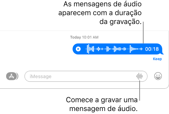 Uma conversa na aplicação Mensagens a mostrar o botão Gravar áudio junto ao campo de texto na parte inferior da janela. Uma mensagem de áudio aparece na conversa com a respetiva duração.