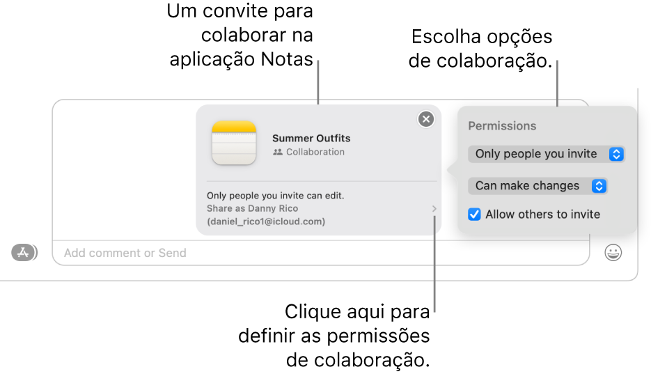 Um grande plano do campo de mensagem de texto na parte inferior da conversa na aplicação Mensagens. Há um convite para colaborar numa nota. Pode clicar no lado direito do convite para definir permissões de colaboração.