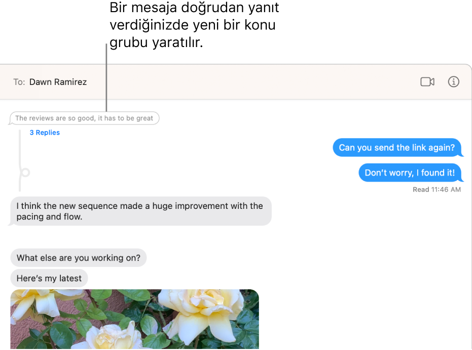 Belirli bir mesajın alt tarafında yeni bir konu grubuna sahip bir yazışmayı gösteren Mesajlar penceresi.