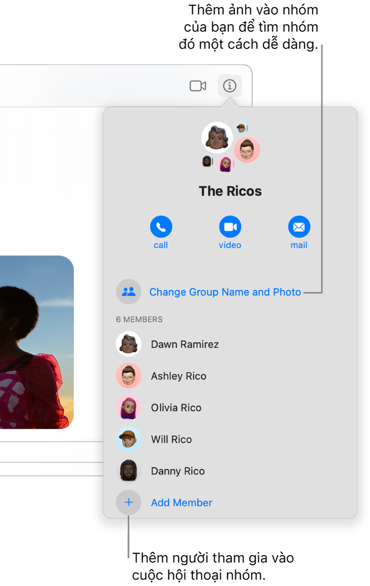 Chế độ xem Chi tiết, xuất hiện sau khi bạn bấm vào nút Chi tiết trong cuộc hội thoại nhóm. Thêm thành viên xuất hiện bên dưới tên của người tham gia cuối cùng trong danh sách. Bạn có thể thay đổi tên nhóm và ảnh ngay phía trên tên của những người tham gia.
