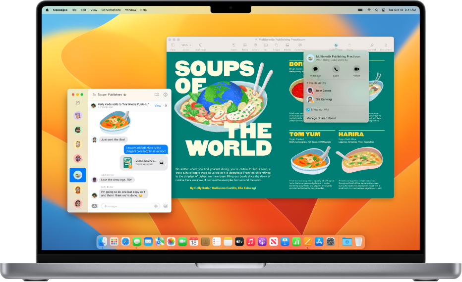 Mac 桌面上有兩個已開啟的視窗：「訊息」視窗包括對話和共享文件，而 Pages App 則包括相同的共享文件和共同編輯選項。