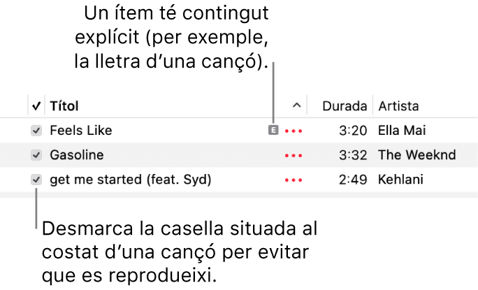 Detall de la llista de cançons a l’app Música amb les caselles de selecció i un símbol d’explícit a la primera cançó (aquest símbol indica que té contingut explícit, que pot ser la lletra de la cançó). Desmarca la casella que hi ha al costat d’una cançó perquè no es reprodueixi.