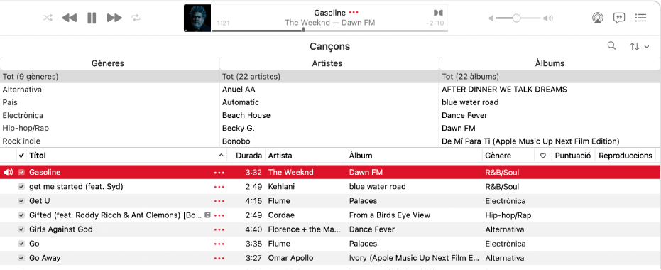 La finestra principal de l’app Música: el navegador de columnes és a la dreta de la barra lateral i a sobre de la llista de cançons.