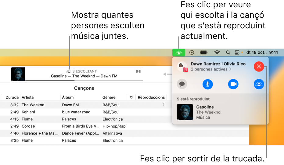 La finestra de l’Apple Music amb una cançó que es reprodueix mentre es fa servir el SharePlay. La finestra de reproducció mostra quantes persones estan escoltant música juntes. A la dreta, la icona del SharePlay apareix seleccionada i es mostra qui està escoltant la cançó que s'està reproduint. A sota, pots fer clic al botó Tancar.