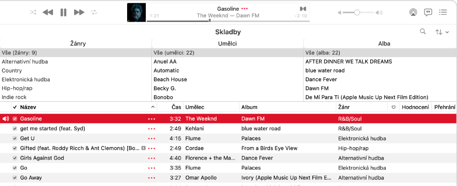 Hlavní okno aplikace Hudba. sloupcový prohlížeč se nachází nad seznamem skladeb, vpravo od bočního panelu.