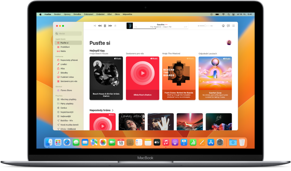 Okno Apple Music, v němž je vidět oddíl „Pusťte si“