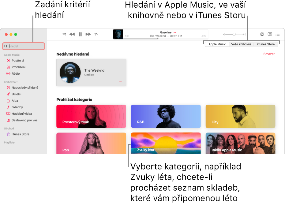 Okno Apple Music s polem hledání v levém horním rohu, seznamem kategorií uprostřed okna a volbami Apple Music, Vaše knihovna a iTunes Store v pravém horním rohu Do pole hledání zadejte kritéria vyhledávání a určete, zda chcete prohledávat celou Apple Music, jen svoji knihovnu nebo iTunes Store