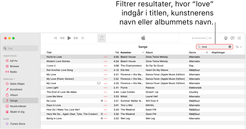 Vinduet Apple Music, der viser en liste med sange, som vises, når “love” skrives i filterfeltet i øverste højre hjørne. Sangene på listen indeholder ordet “love” i titlen, kunstnernavnet eller albumnavnet.