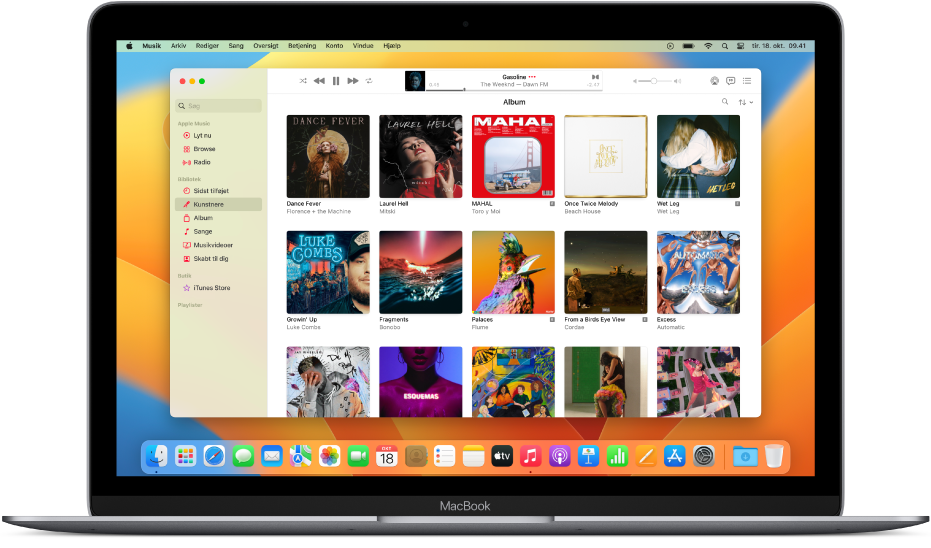 Apple Music-vinduet med et bibliotek med album.