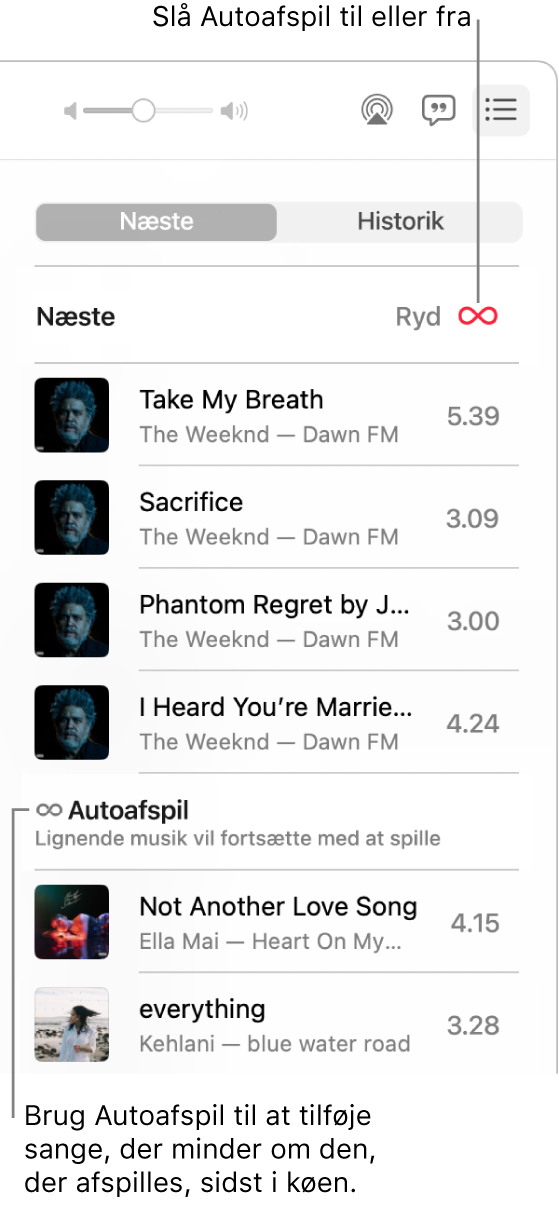 Køen Næste. Klik på knappen Autoafspil for at slå den til eller fra. Når Autoafspil er slået til, tilføjes lignende sange sidst i køen.
