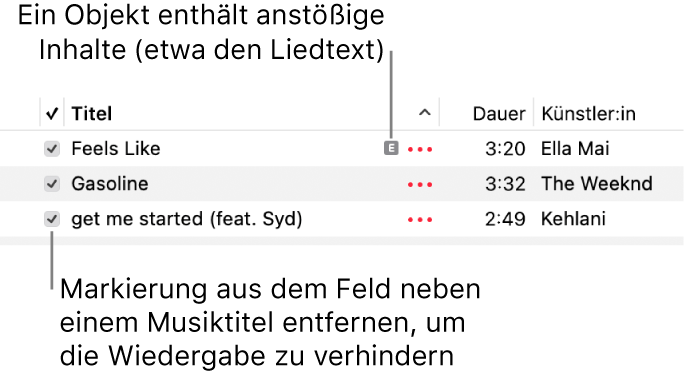 Details der Ansicht „Titel“ in der App „Musik“ mit Markierungsfeldern und einem Symbol für anstößige Inhalte beim ersten Titel (das anzeigt, dass der Titel anstößige Inhalte enthält, zum Beispiel in den Liedtexten). Durch Deaktivieren des Markierungsfelds neben einem Titel wird das Abspielen des Titels verhindert.