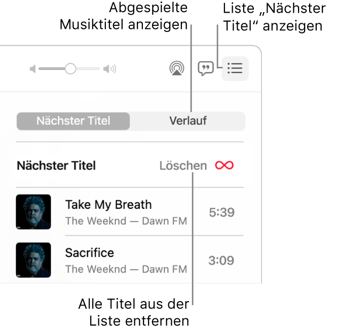 Die rechte obere Ecke des Fensters „Musik“ mit der Taste „Nächster Titel“ im Banner, mit der die Liste „Nächster Titel“ geöffnet wurde. Klicke auf den Link „Verlauf“, um die zuletzt abgespielten Titel anzuzeigen. Klicke auf den Link „Löschen“, um alle Titel aus der Liste zu entfernen.