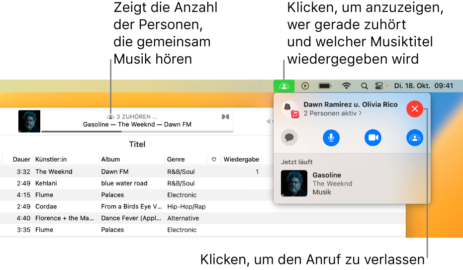 Im Apple Music-Fenster läuft ein Musiktitel, während SharePlay verwendet wird. Das Wiedergabefenster zeigt, wie viele Personen gemeinsam Musik hören. Rechts wird auf das Symbol „SharePlay“ geklickt und du kannst sehen, wer zuhört und welcher Titel gerade läuft. Darunter kannst du auf die Taste „Schließen“ klicken.