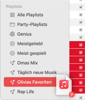 Ein Album, das in eine Playlist bewegt wird. Die Playlist ist hervorgehoben.