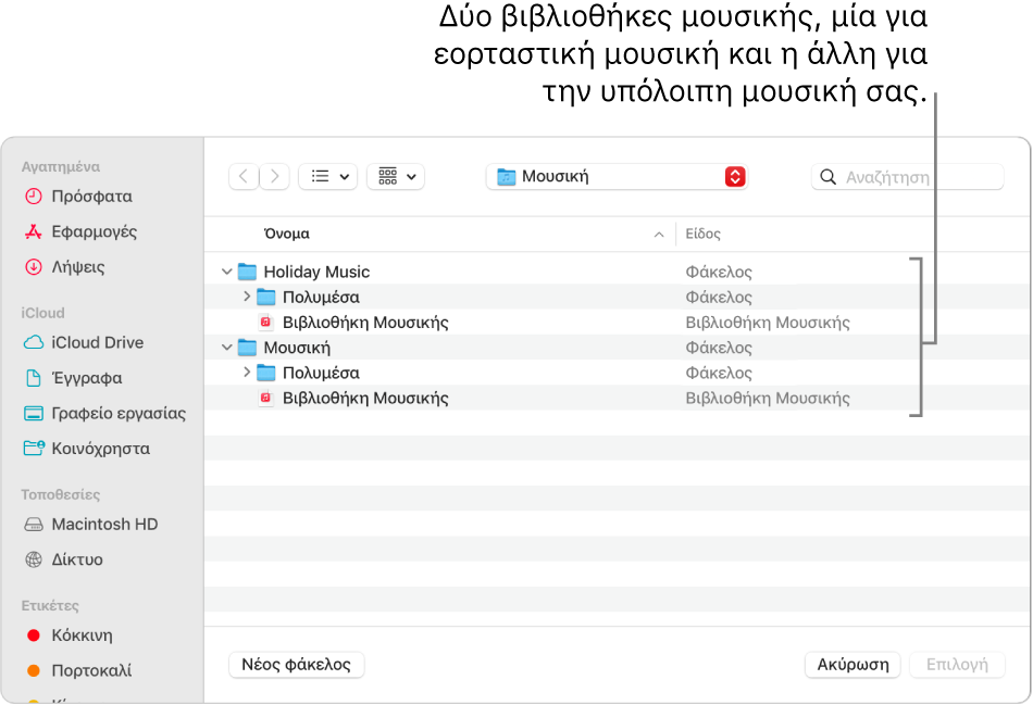 Το παράθυρο του Finder όπου εμφανίζονται πολλαπλές βιβλιοθήκες—μία για εορταστική μουσική και η άλλη για την υπόλοιπη μουσική σας.