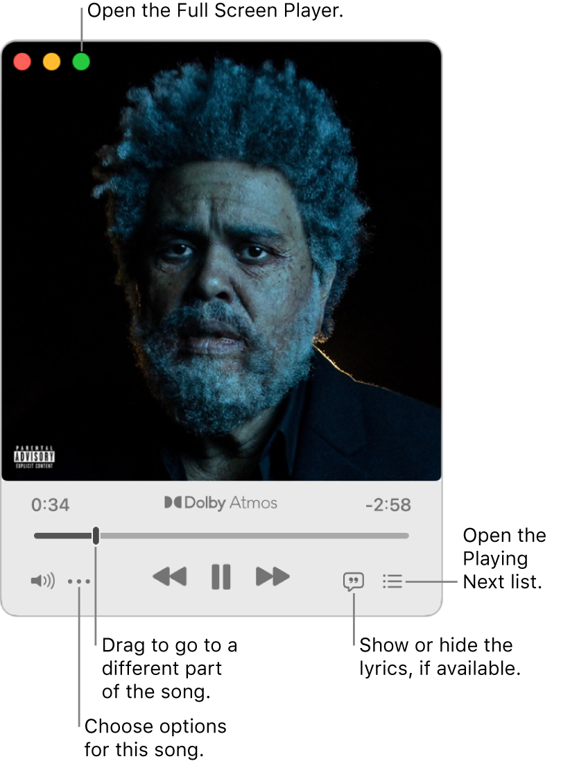 Expanded MiniPlayer showing the controls for the song that’s playing. In the top-left corner are the window controls used to open and close the Full Screen Player. The main part of the window shows the album artwork for the song that’s playing. Below the artwork are a slider to move to a different part of the song and buttons to adjust the volume, show lyrics and see what’s playing next.