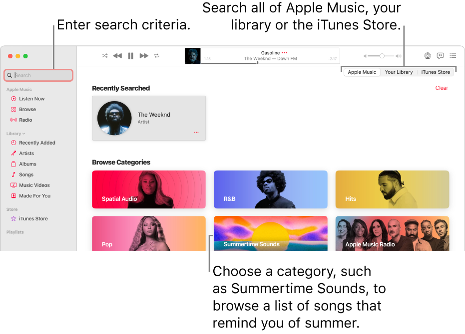 The Apple Music window showing the search field in the top-left corner, the list of categories in the center of the window and Apple Music, Your Library and iTunes Store available in the top-right corner. Enter search criteria in the search field, then choose to search all of Apple Music, just your library or the iTunes Store.