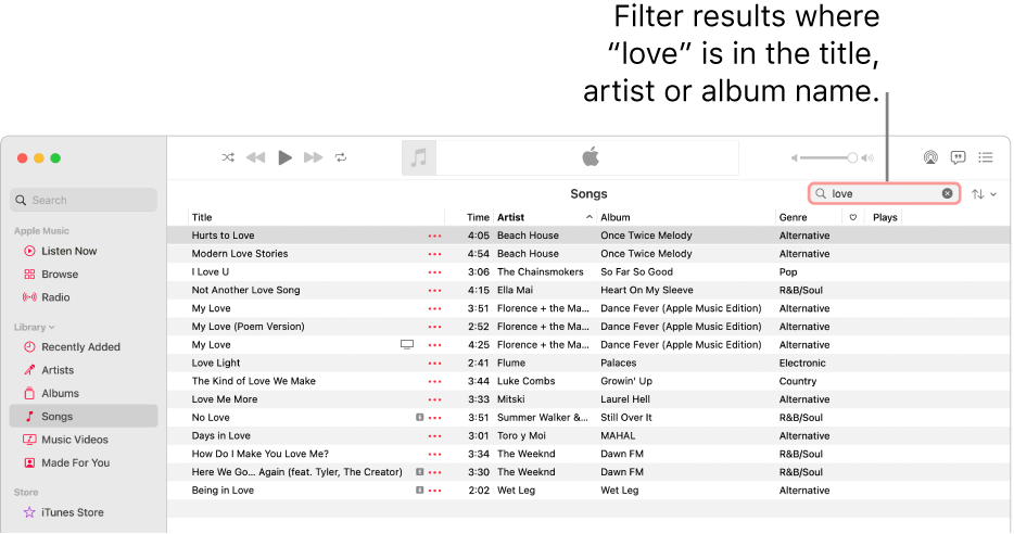 The Apple Music window showing the list of songs that appear when “love” is entered in the filter field in the top-right corner. The songs in the list include the word “love” in their title, artist or album name.