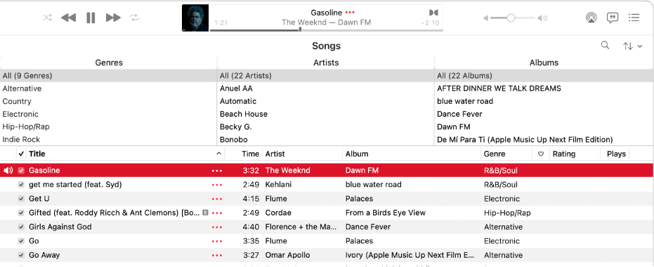 The main Music window: the column browser is to the right of the sidebar and above the list of songs.