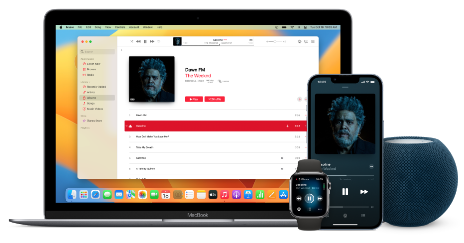 A song playing on a Mac, iPhone, and Apple Watch, with a HomePod.