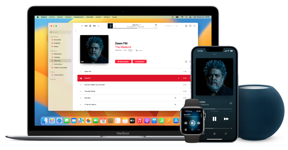Una canción reproduciéndose en una Mac, un iPhone y un Apple Watch, con un HomePod.