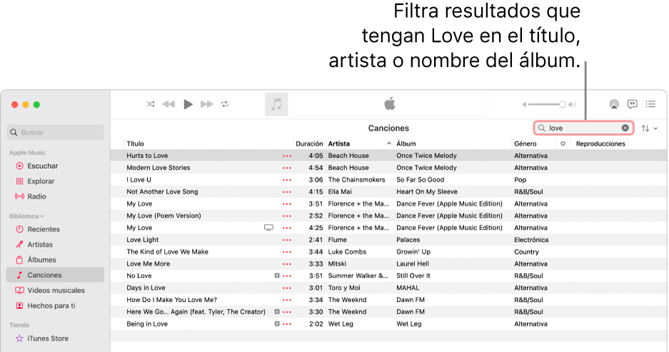 La ventana de Apple Music mostrando la lista de canciones que aparecen cuando se escribe “amor” en el campo de filtro en la esquina superior derecha. Las canciones en la lista incluyen la palabra “amor” en el título, el nombre del artista o el nombre del álbum.