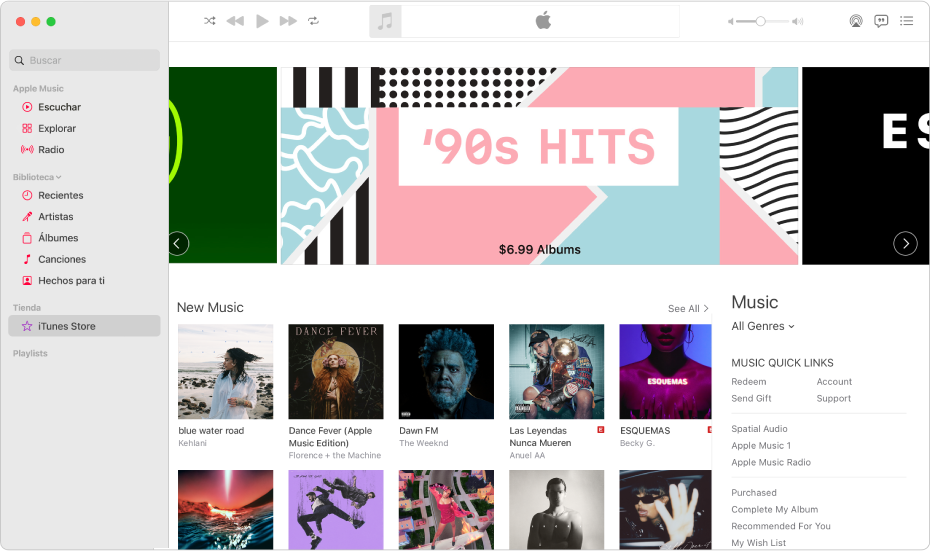 La ventana principal de iTunes Store: en la barra lateral, se resalta iTunes Store.