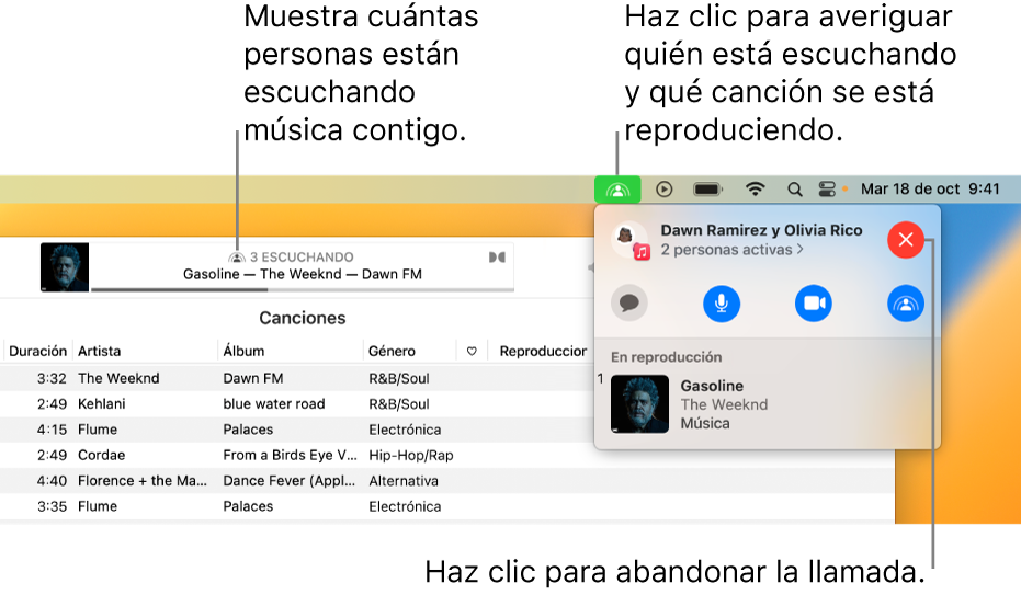La ventana de Apple Music con una canción reproduciéndose mientras se usa SharePlay. La ventana de reproducción muestra cuántas personas están escuchando música. A la derecha, se hace clic en el ícono de SharePlay y se muestra quién está escuchando y la canción que se está reproduciendo en ese momento. Debajo de eso, puedes hacer clic en el botón Cerrar.
