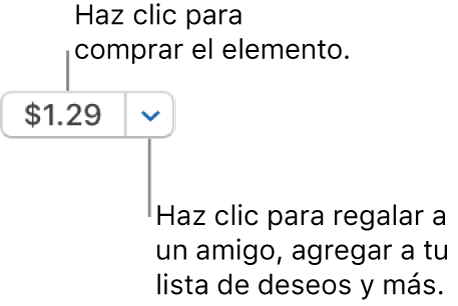 Un botón que indica un precio. Haz clic en el precio para comprar el elemento. Haz clic en la flecha junto al precio para dar el elemento como regalo a un amigo, ingresar el elemento a tu lista de deseos, y más.