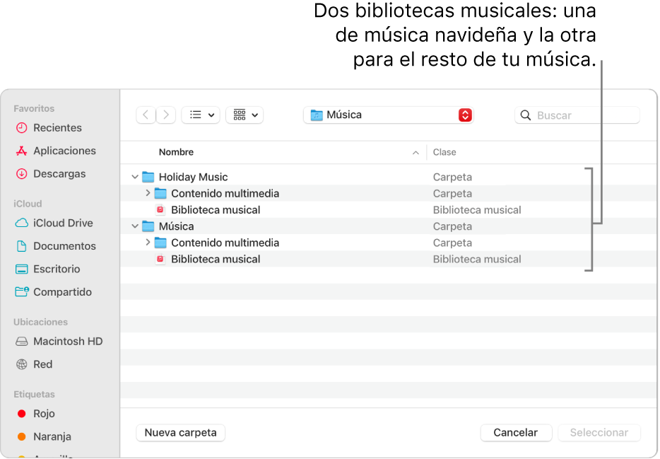 La ventana del Finder mostrando varias bibliotecas: una para música navideña y la otra para el resto de tu música.