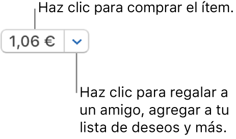 Un botón que muestra un precio. Haz clic en el precio para comprar el ítem. Haz clic en la flecha que hay junto al precio para regalar el ítem a un amigo, añadir el ítem a tu lista de deseos, etc.