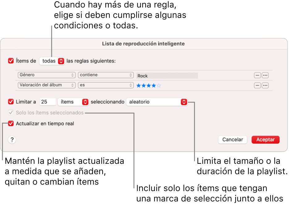 El cuadro de diálogo de “Playlist inteligente”: En la esquina superior izquierda, selecciona “Ítems de” y especifica los criterios de la playlist (como el género o la puntuación). Sigue añadiendo o eliminando reglas haciendo clic en el botón Añadir o Eliminar de la esquina superior derecha. Selecciona varias opciones en la parte inferior del cuadro de diálogo, como el límite del tamaño o la duración de la playlist, si incluir solo las canciones seleccionadas o hacer que Música actualice la playlist si cambian los ítems de la biblioteca.