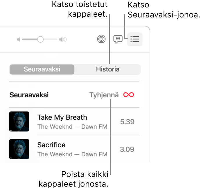 Musiikki-ikkunan oikea yläkulma, jonka bannerissa näkyy Seuraavaksi-painikkeen Seuraavaksi-jono. Klikkaamalla Historia-linkkiä näet aiemmin toistetut kappaleet. Klikkaamalla Tyhjennä-linkkiä voit poistaa kaikki kappaleet jonosta.