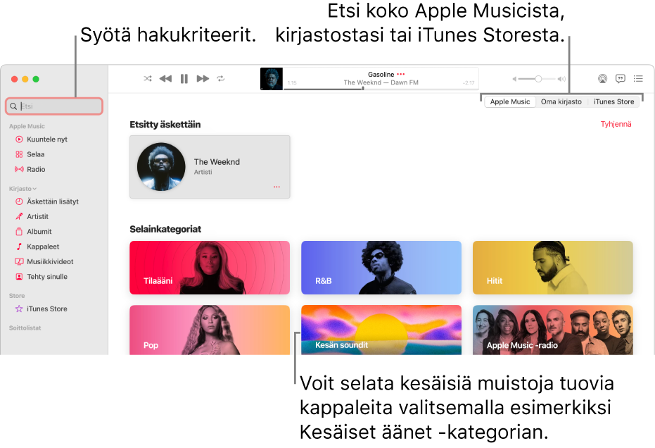 Apple Music -ikkuna, jossa näkyy hakukenttä vasemmassa yläkulmassa, kategorialuettelo keskellä sekä Apple Music, kirjastosi ja iTunes Store oikeassa yläkulmassa. Syötä hakukriteerit hakukenttään ja valitse sitten, etsitäänkö koko Apple Musicista, vain kirjastostasi vai iTunes Storesta.