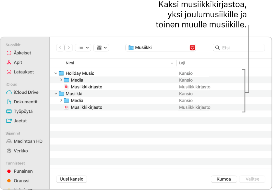 Finder-ikkuna, jossa näkyy useampi kirjasto: yksi joulumusiikille ja toinen kaikelle muulle musiikille.