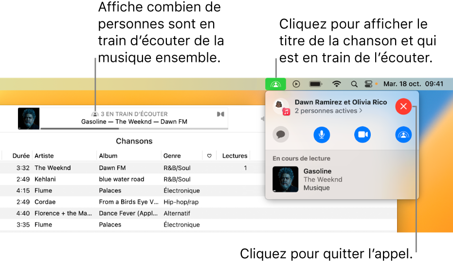 La fenêtre Apple Music avec une chanson en cours de lecture pendant l’utilisation SharePlay. La fenêtre de lecture montre le nombre de personnes qui écoutent de la musique ensemble. Sur la droite, l’icône SharePlay est cliquée, vous pouvez alors découvrir la chanson en cours de lecture et qui l’écoute. En dessous, vous pouvez cliquer sur le bouton Fermer.