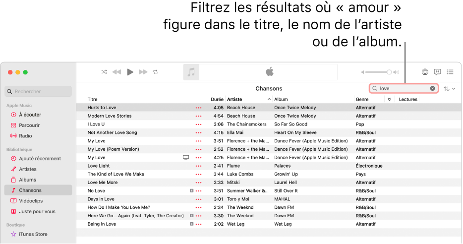 La fenêtre Apple Music affichant la liste des chansons qui apparaissent lorsque « amour » est saisi dans le champ de filtre dans le coin supérieur droit. Les chansons de la liste incluent le mot « amour » dans leur titre, leur nom d’artiste ou d’album.