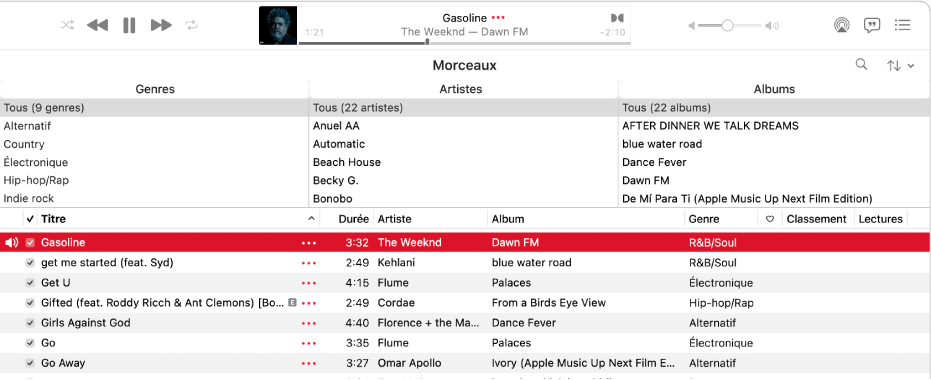 La fenêtre principale de Musique : le navigateur par colonne se trouve à droite de la barre latérale et au-dessus de la liste des morceaux.