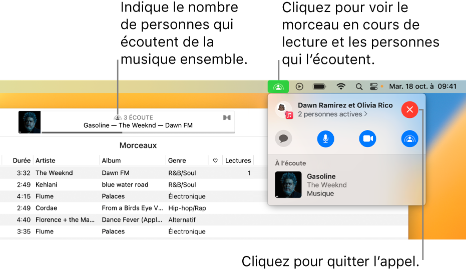 Fenêtre Apple Music avec un morceau en cours de lecture pendant une session SharePlay. La fenêtre de lecture indique le nombre de personnes qui écoutent de la musique simultanément. Sur la droite, l’utilisateur clique sur le bouton SharePlay et vous pouvez voir les personnes qui écoutent de la musique ainsi que le morceau en cours de lecture. En dessous, vous pouvez cliquer sur le bouton Fermer.