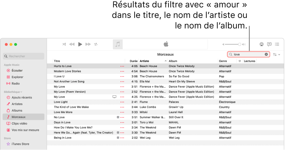 La fenêtre Apple Music affichant la liste des morceaux trouvés lorsque l’utilisateur saisit « love » dans le champ de recherche en haut à droite. Les morceaux de la liste incluent le terme « love » dans leur titre, le nom de l’artiste ou de l’album.