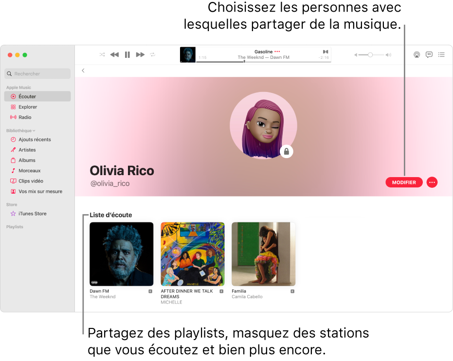 La page de profil dans Apple Music : sur le côté droit de la fenêtre, cliquez sur Modifier pour choisir qui peut vous suivre. À droite de Modifier, cliquez sur le bouton Plus pour partager votre musique.