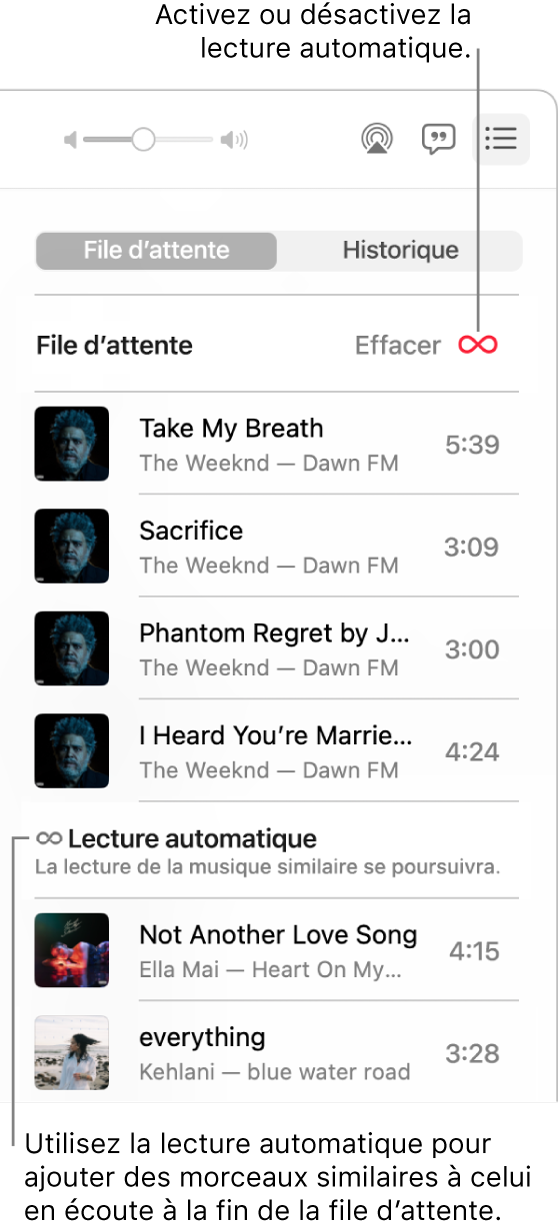 La file d’attente Suivant. Cliquez sur le bouton « Lecture automatique » pour activer ou désactiver la lecture automatique. Lorsque la lecture automatique est activée, des morceaux similaires sont ajoutés à la fin de la file d’attente.