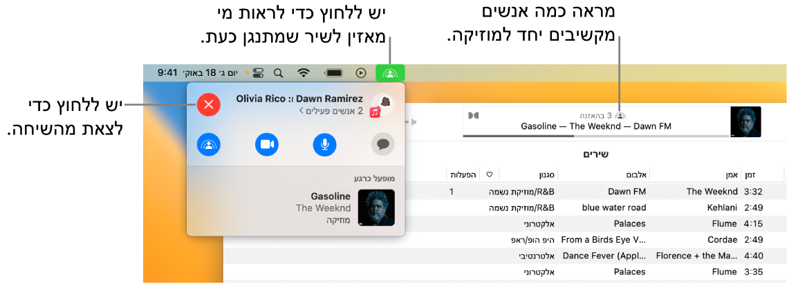 החלון של Apple Music עם שיר שמתנגן בעת שימוש ב-SharePlay. בחלון ההפעלה אפשר לראות כמה אנשים מאזינים למוזיקה יחד. משמאל, מתבצעת לחיצה על הצלמית של SharePlay ואפשר לראות מי מאזין ואיזה שיר מתנגן כעת. מתחת, ניתן ללחוץ על כפתור הסגירה.