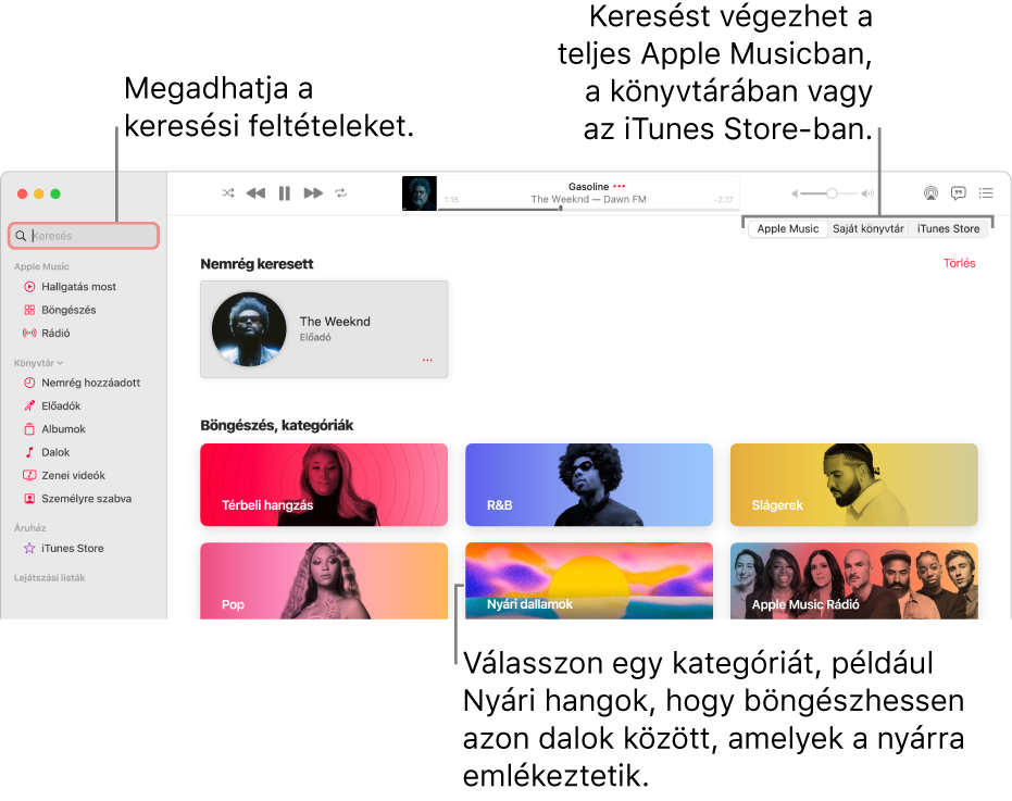 Az Apple Music ablaka a keresési mezővel a bal felső sarokban, a kategóriák listájával az ablak közepén, valamint az Apple Music, a Könyvtár és az iTunes Store elemekkel a jobb felső sarokban. Adja meg a keresési feltételeket a keresési mezőben, majd válassza ki, hogy az Apple Musicban, csak a saját könyvtárában vagy az iTunes Store-ban szeretne keresni.