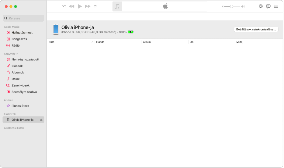 A Zene ablak egy eszközzel (Julie iPhone-ja) az oldalsávon. A jobb felső sarokban található Beállítások szinkronizálása gomb megnyitja a Finder alkalmazást.