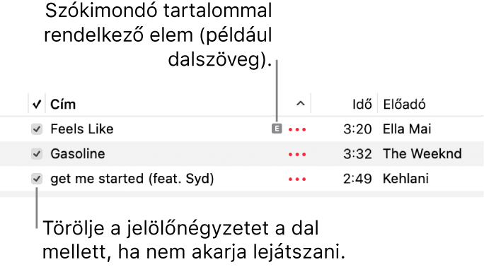A dallista részlete a zenék között, bal oldalon a jelölőnégyzetek képével és egy szókimondó szimbólummal az első dal mellett (ezzel jelölve, hogy szókimondó tartalommal, például dalszöveggel rendelkezik). A lejátszás kihagyásához törölje a dal melletti jelölőnégyzet jelölését.
