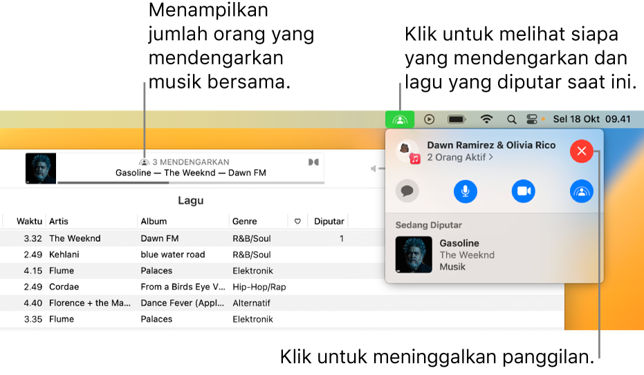 Jendela Apple Music dengan lagu yang diputar saat menggunakan SharePlay. Jendela pemutaran menampilkan jumlah orang yang mendengarkan musik bersama. Di sebelah kanan, ikon SharePlay diklik dan Anda dapat melihat siapa yang mendengarkan dan lagu yang sedang diputar. Di bawahnya, Anda dapat mengeklik tombol Tutup.